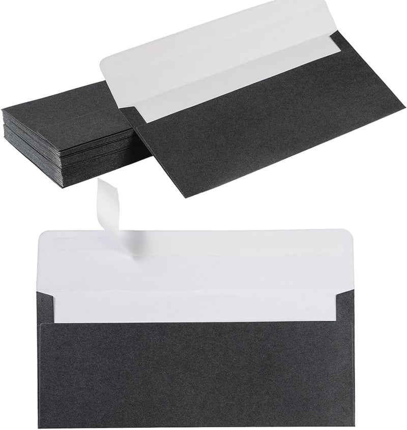 Wishop 50 Pack Shiny #10 Business Envelopes Self Seal Standard Envelopes with Gold Stickers for Office Checks, Business Cards, Letter Mailing Invoices, 4.13 x 9.49 Inches (Black) - Image 1